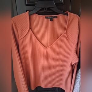 Marc New York Ribbed V-Neck Long Sleeve Top — Rust